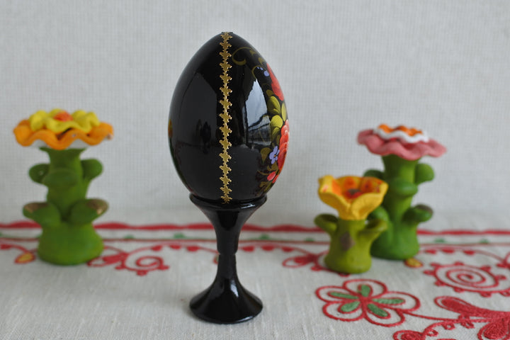 復活祭の木製卵（スタンド付き）ジョストボの花　BLACK