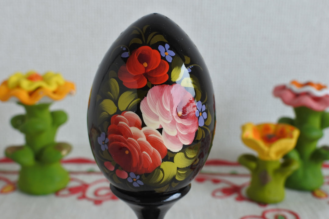 復活祭の木製卵（スタンド付き）ジョストボの花　BLACK