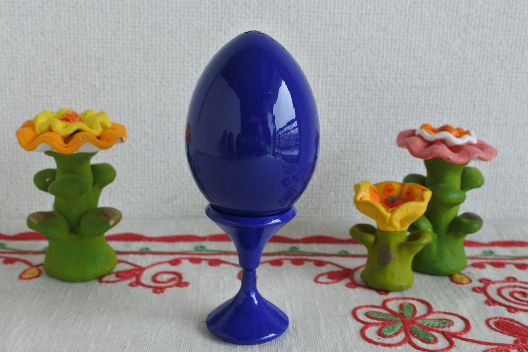 復活祭の木製卵（スタンド付き）　ジョストボの花　NAVY