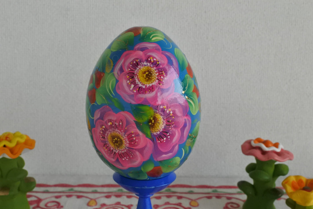 復活祭の卵　ハチドリとピンク色の花　スタンド付き