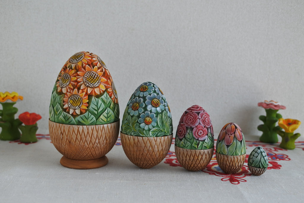 ロシア雑貨☆エッグ型カービングマトリョーシカ(5P)フラワーバスケット