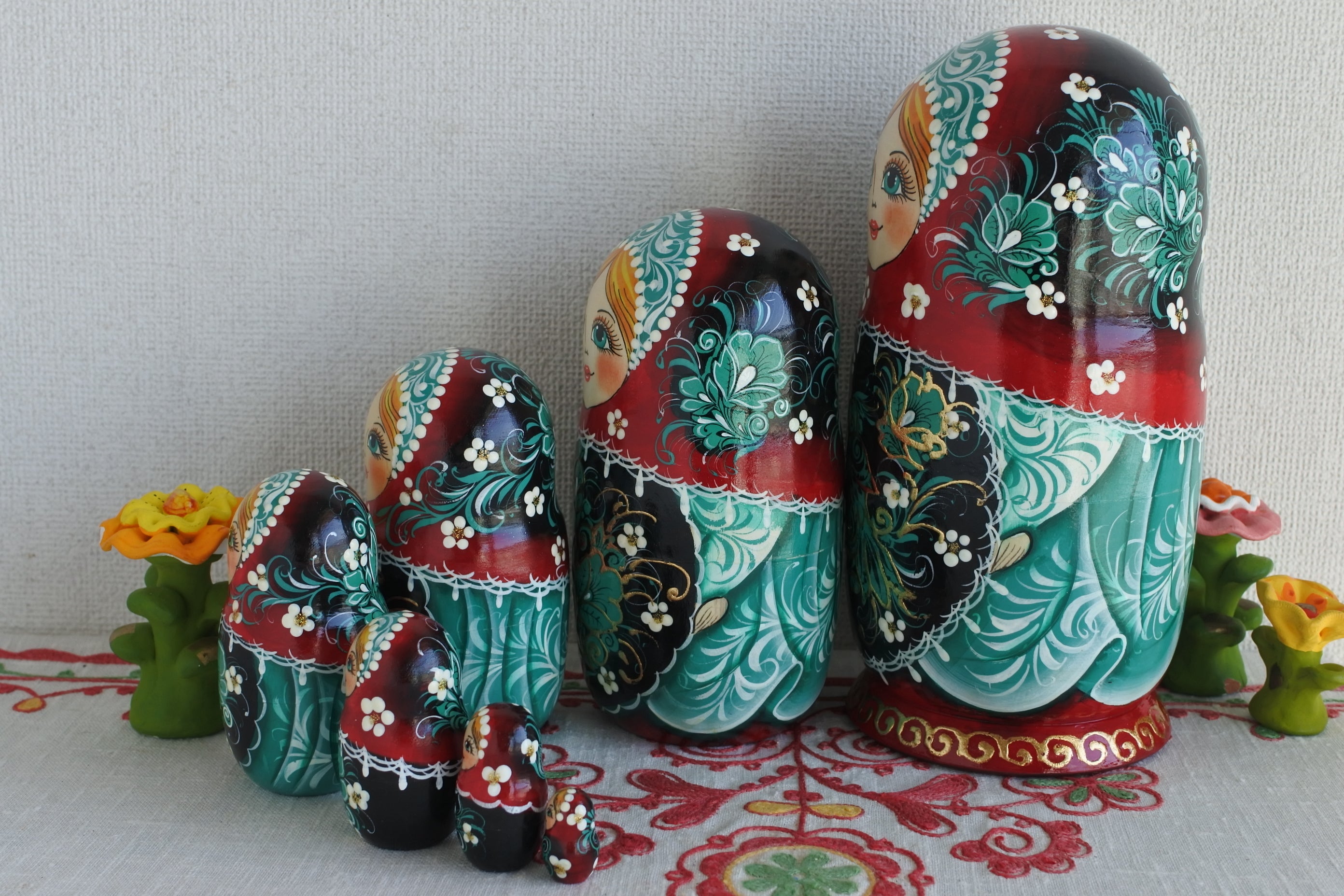 マトリョーシカ 7ピース ロシア民芸品 グリーン 小鳥 ロシア雑貨