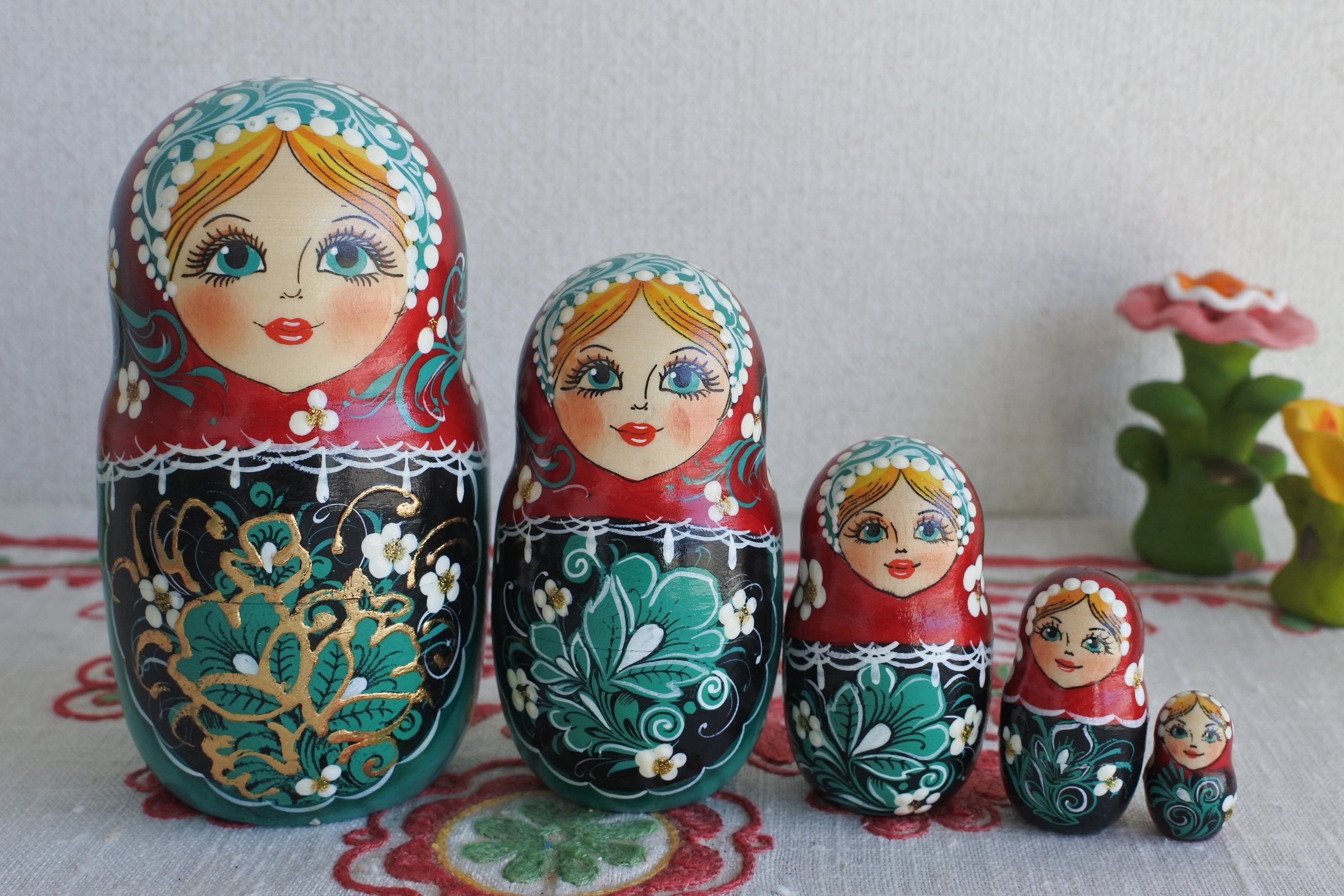 マトリョーシカ 7ピース ロシア民芸品 グリーン 小鳥 ロシア雑貨