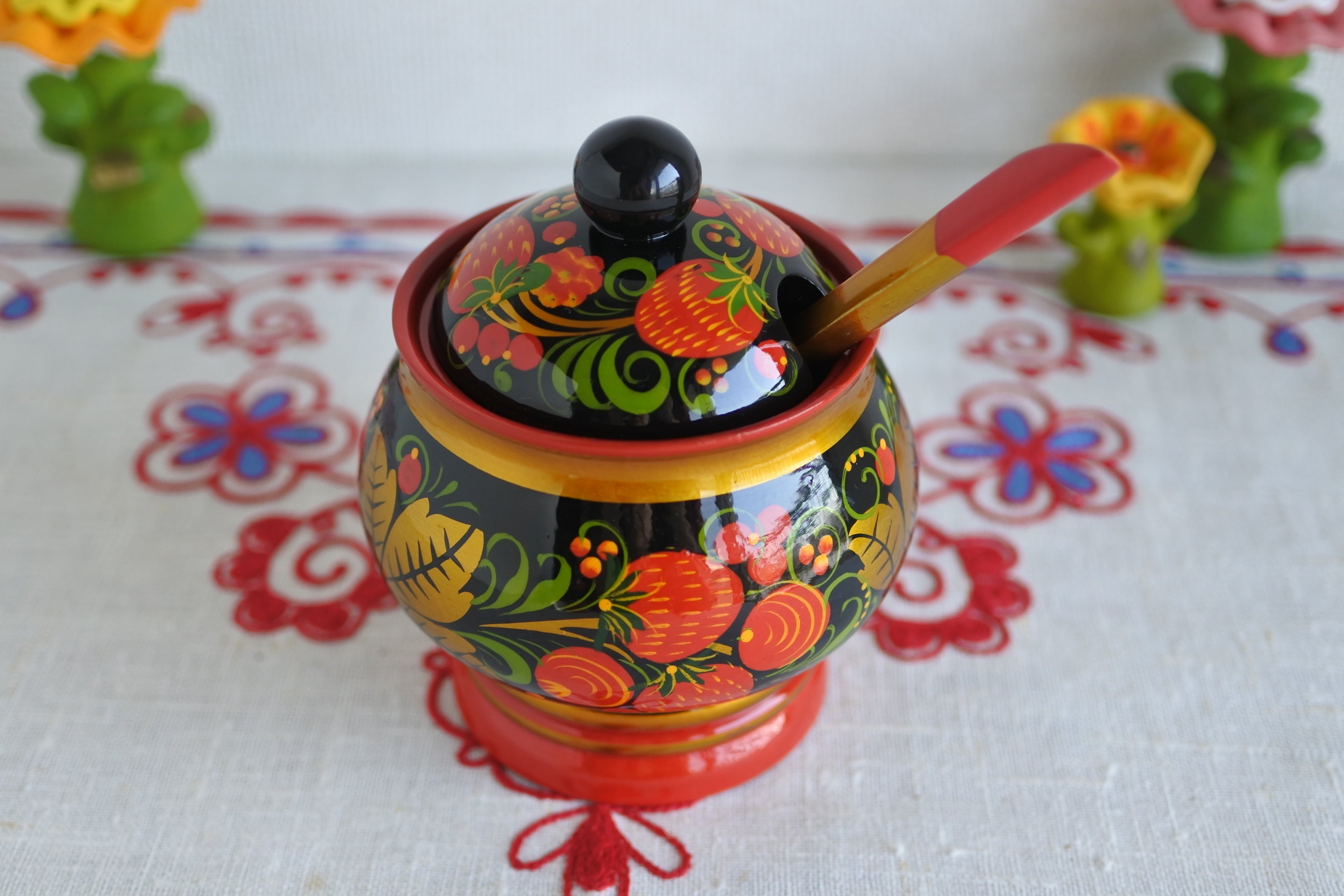 ホフロマ塗 シュガーポット スプーン付 木の器 ロシア工芸品 ロシア