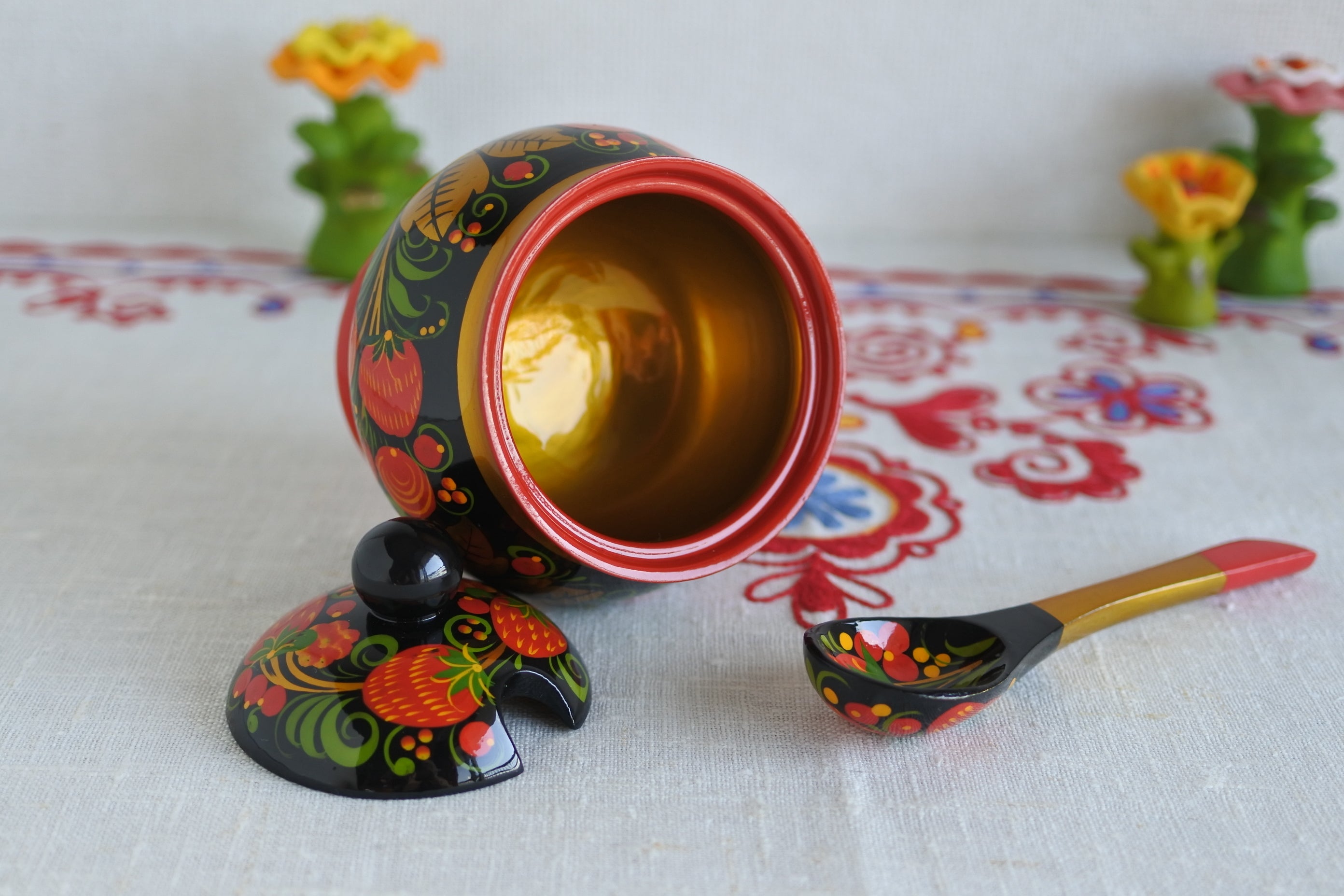 ホフロマ塗 シュガーポット スプーン付 木の器 ロシア工芸品 ロシア
