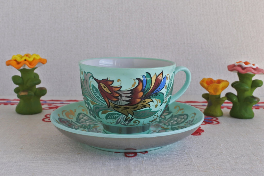 ホフロマ工房の陶磁器 カップ&ソーサー 極楽鳥 ロシアの食器 ロシア