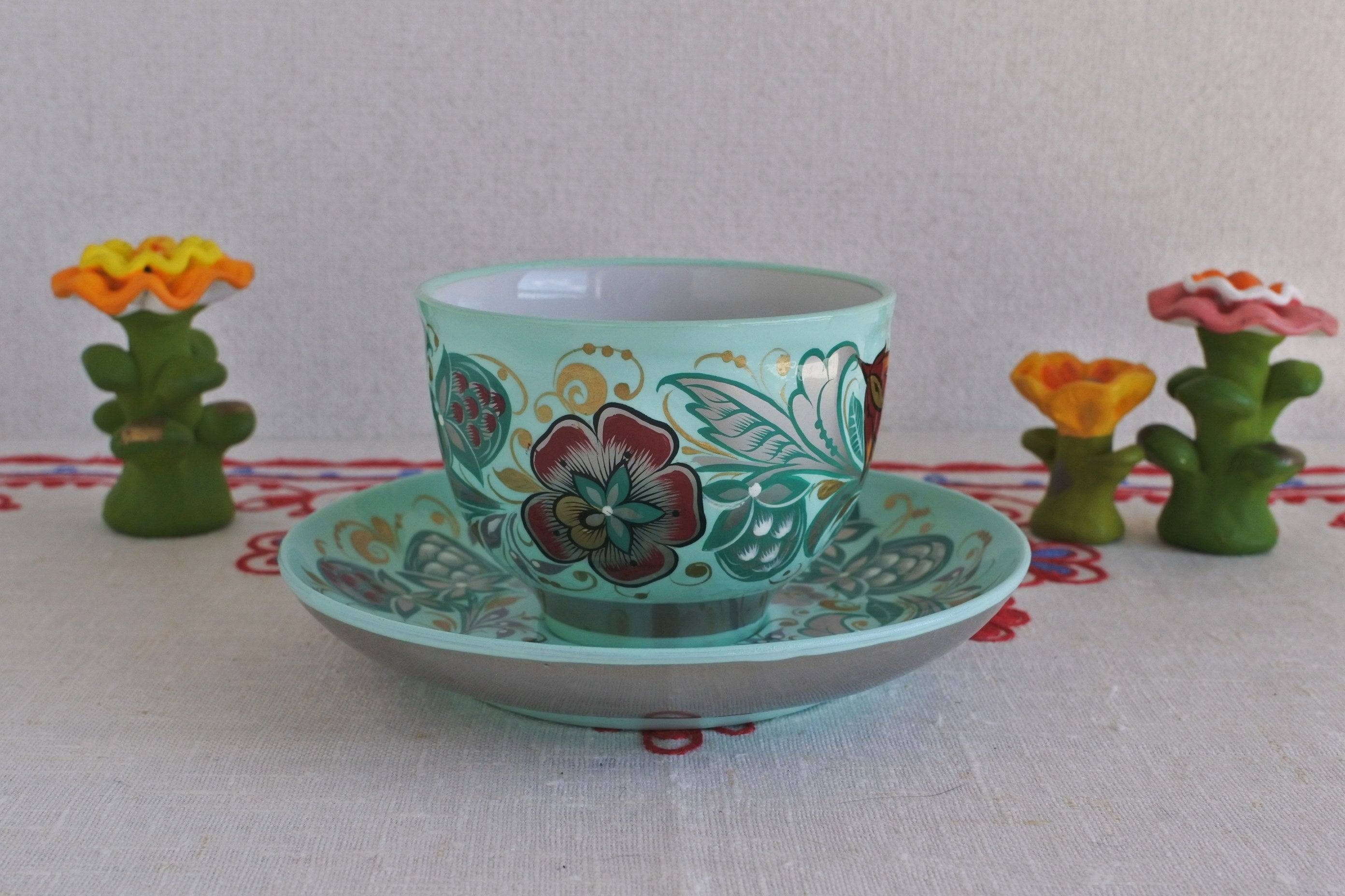 ホフロマ工房の陶磁器 カップ&ソーサー 極楽鳥 ロシアの食器 ロシア
