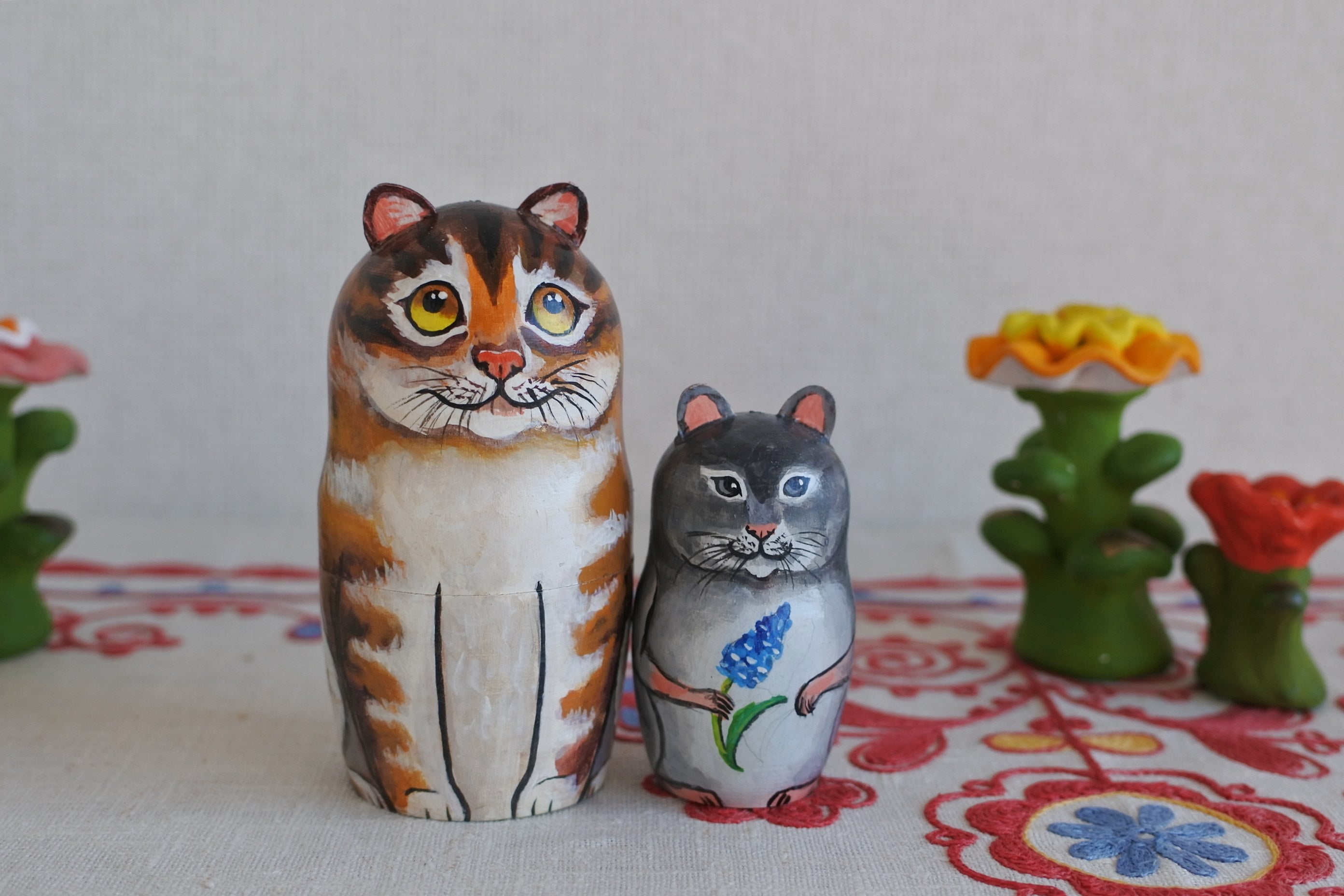 マトリョーシカ 春ネコ 3ピース 猫マトリョーシカ ネズミ ロシア雑貨い